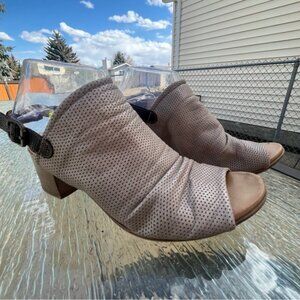 Bueno Taupe Perforated Leather Sling Back Block Heel Sandal